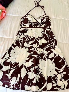 Y2K vintage summer halter sundress empire waist brown white tropical zip med
